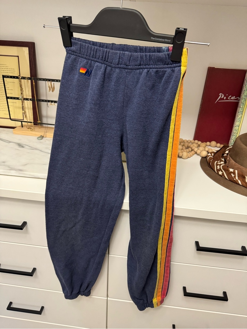 Aviator Nation Navy Sweatpants with Rainbow Side Stripes